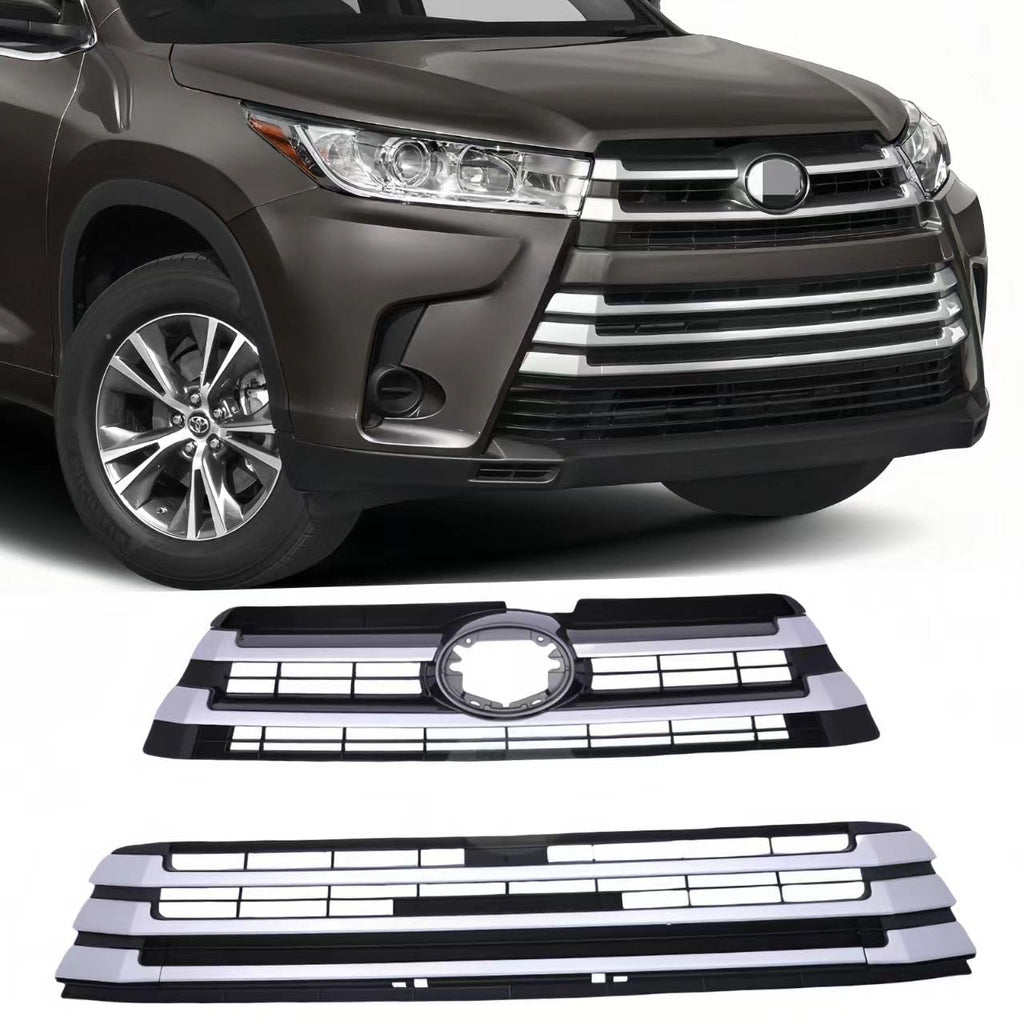 BUFEETERS Front Bumper Upper + Lower Grille  Fit For Toyota Highlander 2017 2018 2019,Mesh Style,Sliver+Black