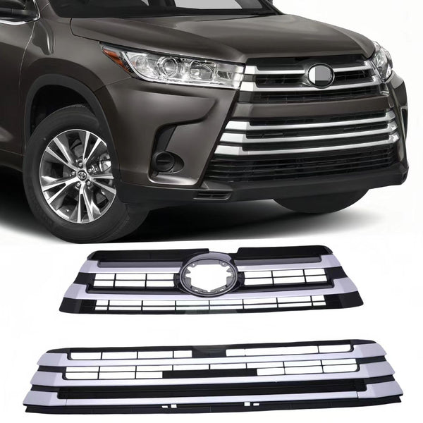 BUFEETERS Front Bumper Upper + Lower Grille  Fit For Toyota Highlander 2017 2018 2019,Mesh Style,Sliver+Black
