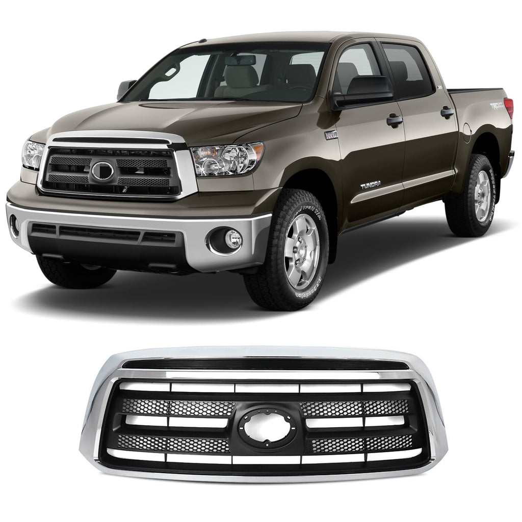 BUFEETERS   Front Bumper Grille Fit For 2010 2011 2012 2013 Toyota Tundra,Factory Style,Chrome Shell With Textured Black Insert