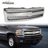 BUFEETERS Front Upper Chrome Grille w/ Black Insert Fit For 2007 2008 2009 2010 2011 2012 2013 Chevy Silverado 1500,Mesh Insert Style,Chrome&Black