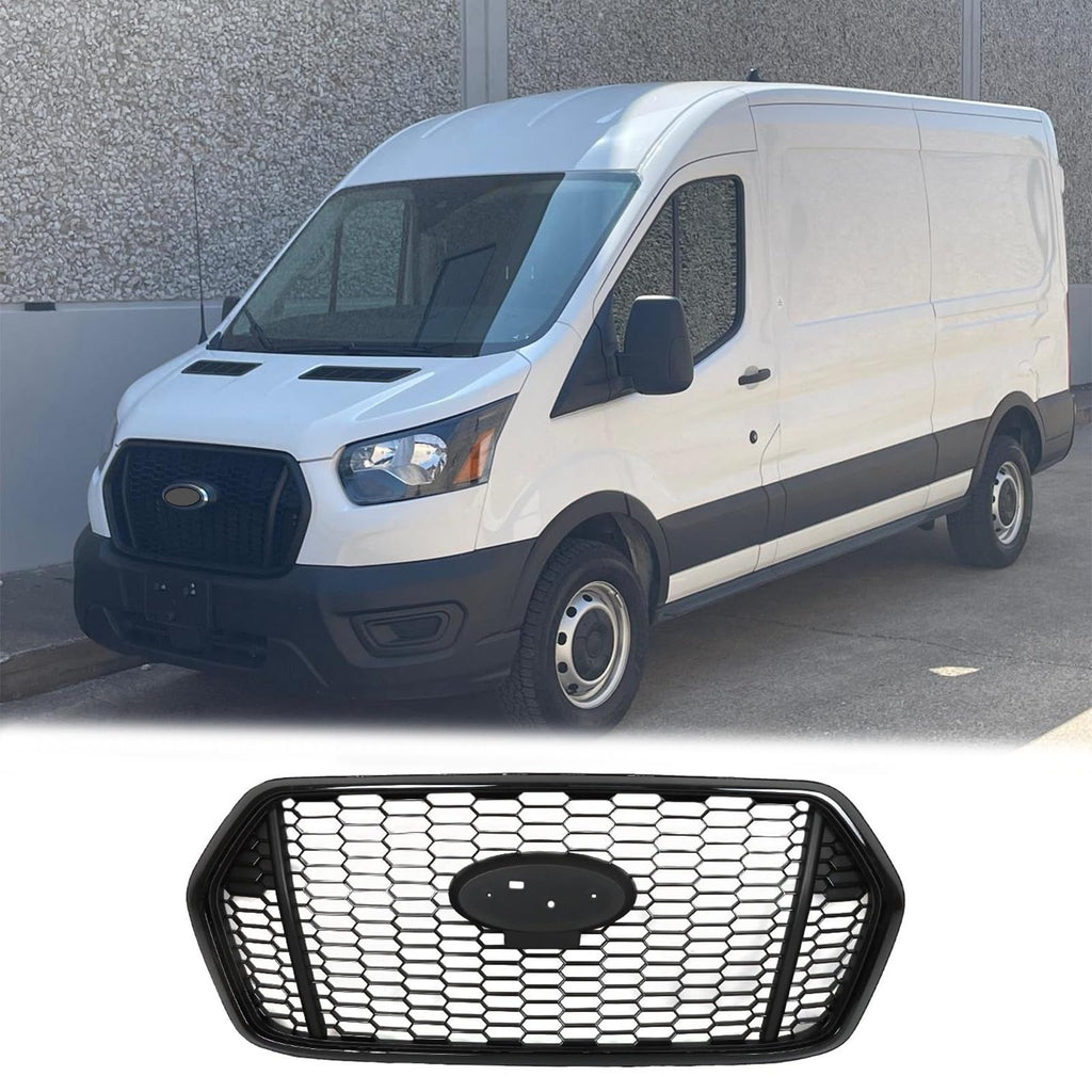 BUFEETERS Front Upper Grille Fit For 2020 2021 2022 Ford Transit T150 T250 T350,Honeycomb Style,Full Gloss Black