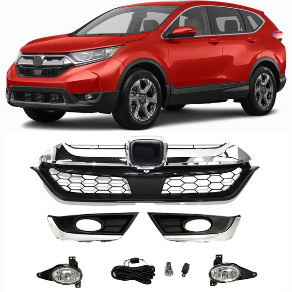 BUFEETERS  Front Bumper Upper Grille Fog Lights Fit For 2017 2018 2019 Honda CRV CR-V,Honeycomb Style,Chrome&Black