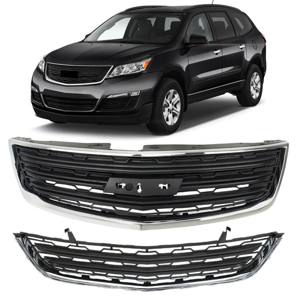 BUFEETERS  Front Upper + Lower Grille W/Chrome Molding Fit For 2013 2014 2015 2016 2017 Chevy Chevrolet Traverse,Factory Style,Chrome&Black