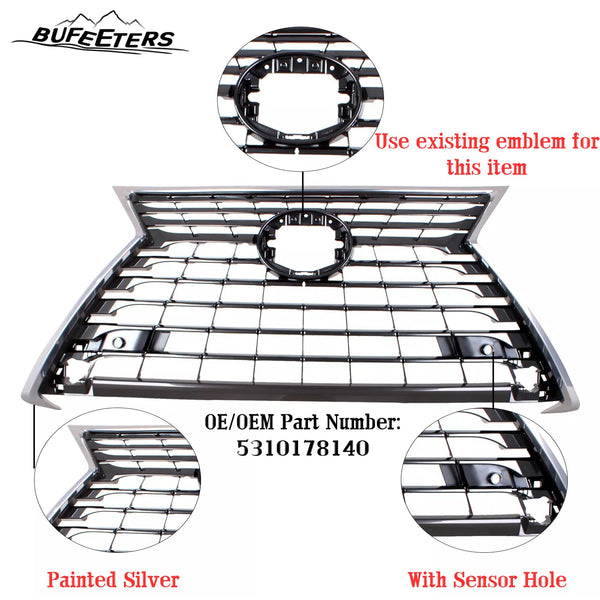 BUFEETERS  Front Bumper Grille Fit For 2018 2019 Lexus NX300 NX300h,Horizontal bar insert Style,Silver