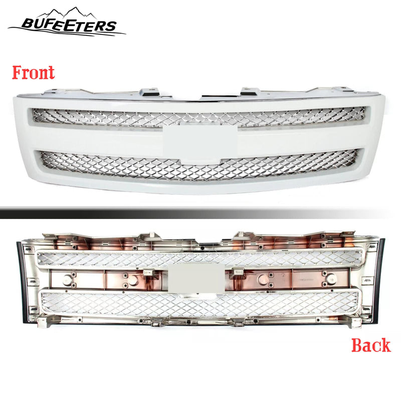 BUFEETERS Front Bumper Upper Grille Fit For 2007 2008 2009 2010 2011 2012 2013 Chevy Silverado 1500,Mesh Insert Style,Summit White Shell&Chrome