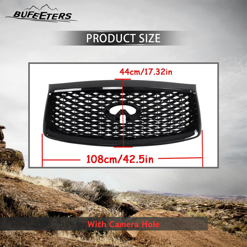 BUFEETERS  Front Upper Grille  W/ Camera Hole Fit For 2018 2019 2020 2021 INFINITI QX80,Mesh Style,Gloss Black