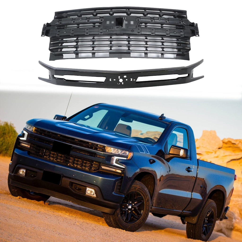 BUFEETERS Front Bumper Upper Grille Assembly Fit For 2019 2020 2021 2022 Chevy Silverado 1500,Horizontal Billet Style,Black