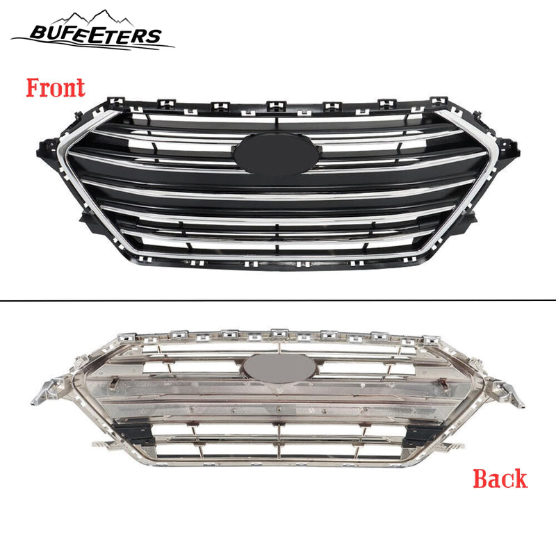 BUFEETERS    7PCS Front Bumper Grille+Radiator Cover+Bumper Lid+4 Brackets Fit For 2017 2018 Hyundai Elantra,Mesh Style,Chrome&Black