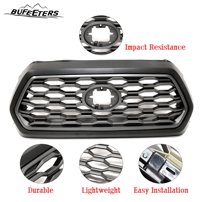 BUFEETERS   Front Bumper Grille W/Gray Grill Insert Fit For 2016 2017 2018 2019 2020 2021 2022 2023  Toyota Tacoma TRD,Honeycomb 2021 TRD Look Style,Matte Black&Gray