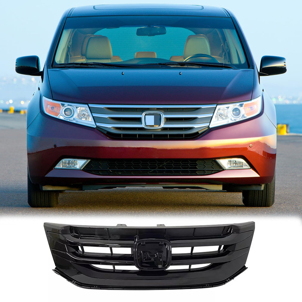 BUFEETERS  Full Gloss Black Trim Radiator Grille Assy Fit For 2014 2015 2016 2017 Honda Odyssey,Mesh Style