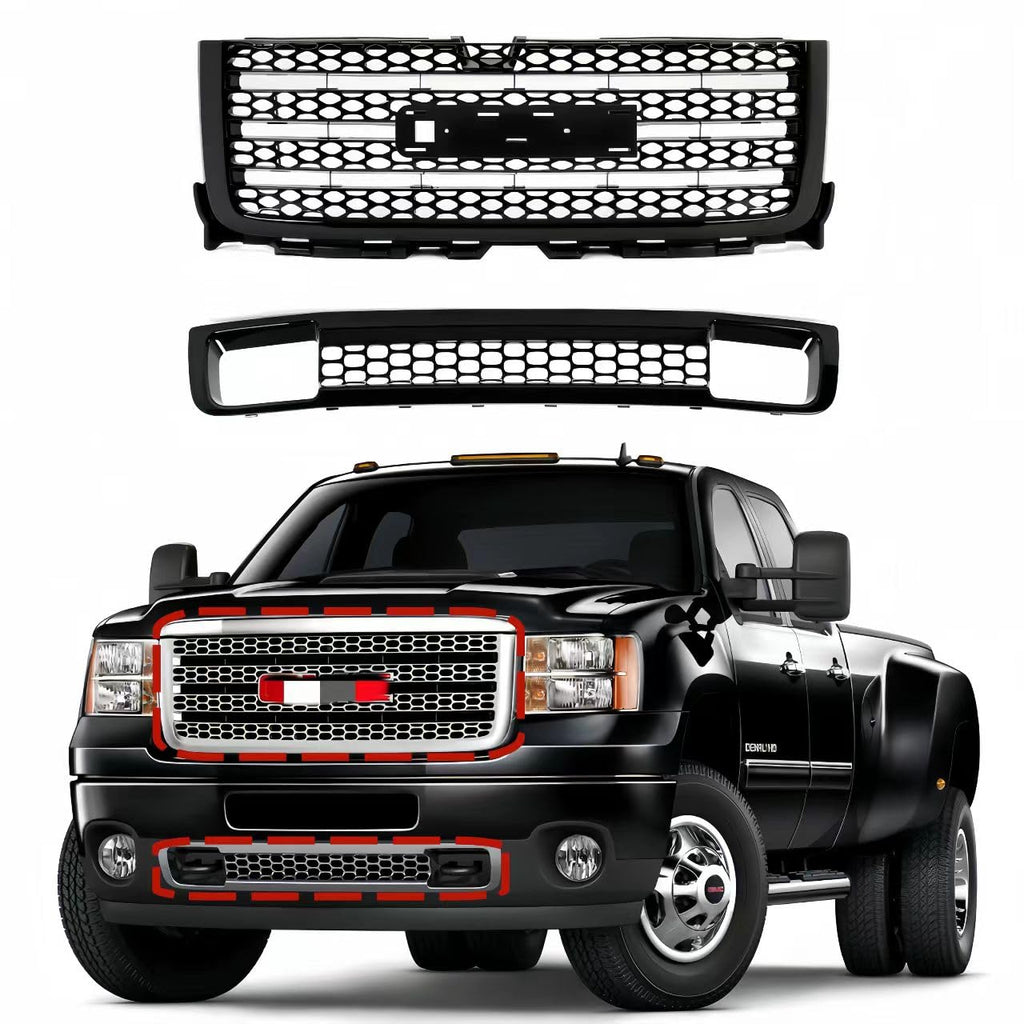 BUFEETERS  Front Upper Lower Grille Fit For 2011 2012 2013 2014 GMC Sierra 2500HD/3500HD Denali,Factory Style,Black