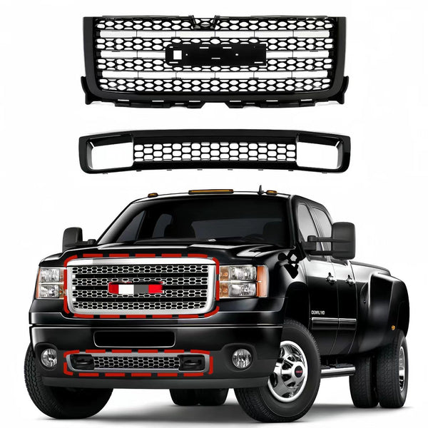 BUFEETERS  Front Upper Lower Grille Fit For GMC Sierra 2500HD/3500HD Denali 2011 2012 2013 2014 #20966057,Factory,Style,Black