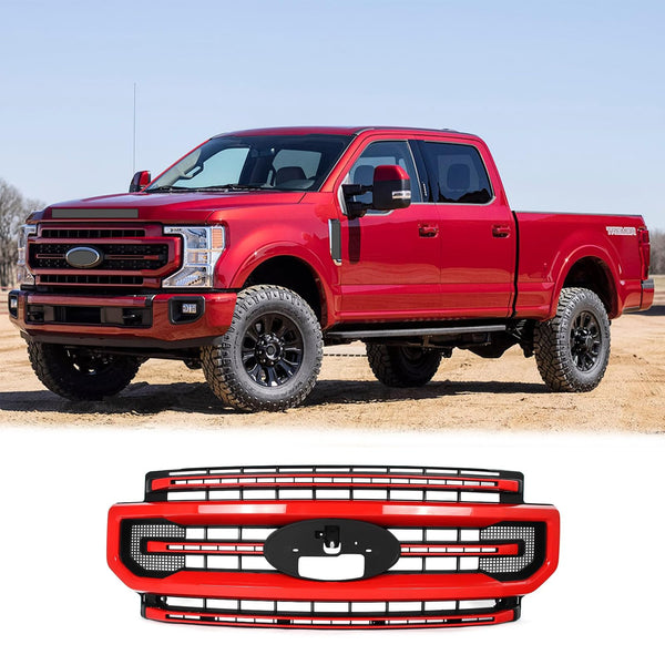BUFEETERS Front Bumper Upper Grille Fit For 2020 2021 2022 F-250 F-350 F-450 F-550 Super Duty,Platinum Style,PQ-Race Red&Matte Black