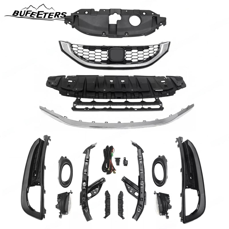 BUFEETERS  14PCS Front Bumper Upper Lower Grille Fog lights Bezel Fit For 2013 2014 2015 Honda Civic Sedan,Honeycomb Style,Chrome&Black