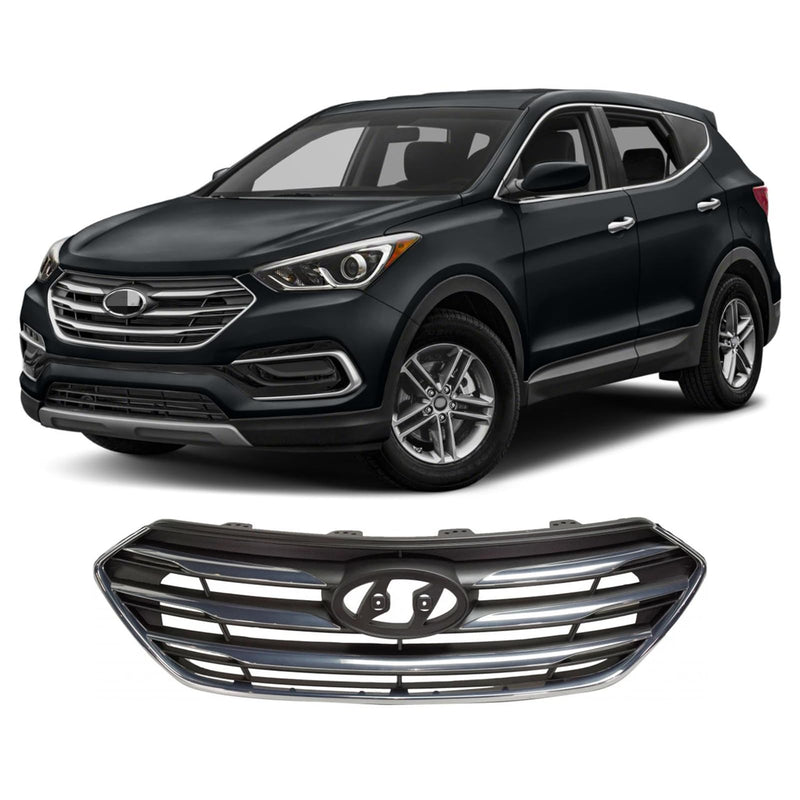 BUFEETERS    Front Bumper Grille W/o Camera Hole Fit For 2017 2018 Hyundai Santa Fe Sport,Horizontal Billet Style,Chrome&Gray