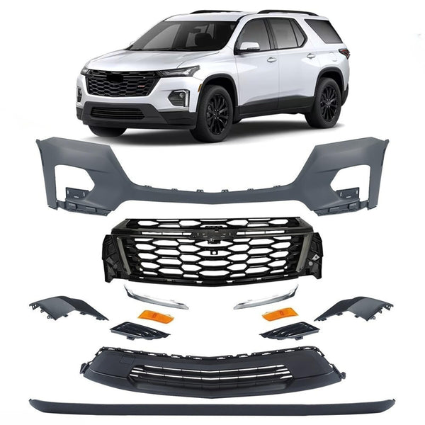 BUFEETERS  12PCS Front Bumper Cover RS Grille Assembly Kit Complete Fit For 2022 2023 2024 Chevy Chevrolet Traverse,Horizontal Billet Style,Black