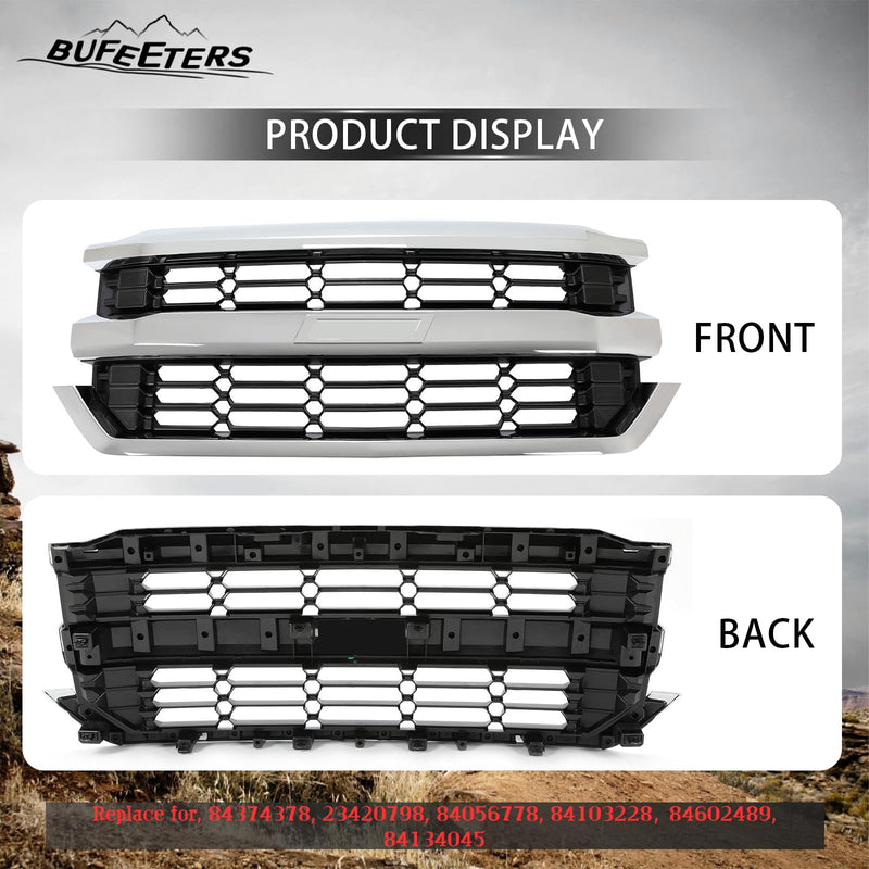 BUFEETERS Front Bumper Upper Grille Fit For 2016 2017 2018 2019 Chevrolet Silverado 1500,Honeycomb Style,Chrome&Black