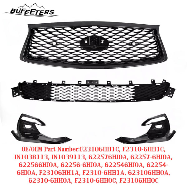 BUFEETERS   Front Bumper Upper Lower Grille Fog Light Bezels Cover Fit For 2018 2019 2020 2021 2022 INFINITI Q50 Sport,Mesh Style,Gloss Black