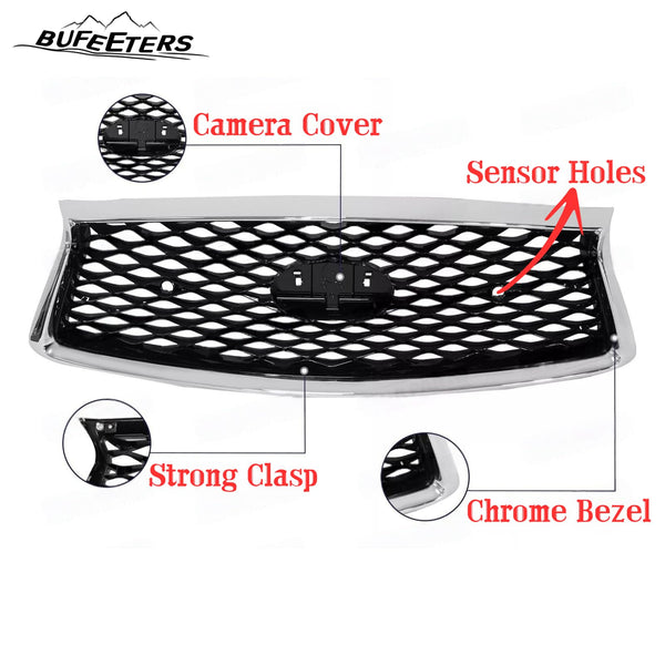 BUFEETERS   Front Bumper Upper Grille Fit For 2018 2019 2020 2021 2022 2023 INFINITI Q50 W/Sensor Holes,Mesh Style,Chrome&Black