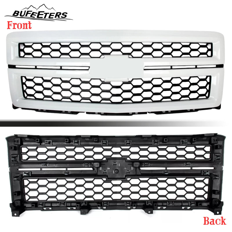 BUFEETERS Front Bumper Upper Grille Fit For 2014 2015 Chevy Silverado 1500,LTZ Style/Honeycomb Style,Summit White&Black