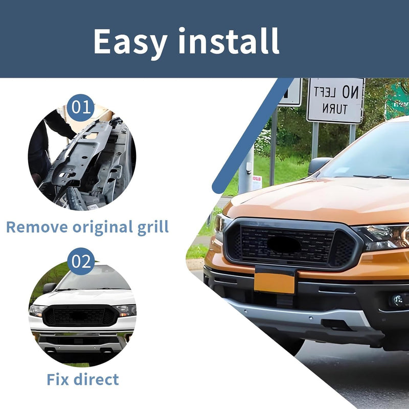 Matte Black Front Grill Compatible with Ford Ranger 2019 2020 2021 2022 Models, W/O Emblem