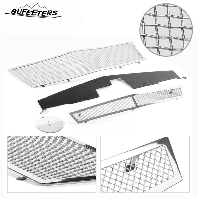 BUFEETERS  Front Bumper Upper Grille Stainless Insert Combo Chrome Fit For 2008 2009 2010 2011 2012 2013 Cadillac CTS,Mesh Style,Chrome&Silver
