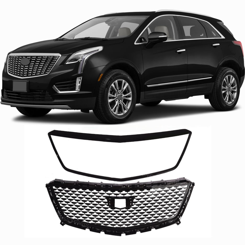 BUFEETERS  Front Bumper Upper Grille&Grille Outer Frame Fit For 2017 2018 2019 2020 2021 2022 2023 Cadillac XT5,Factory Style,Gloss Black