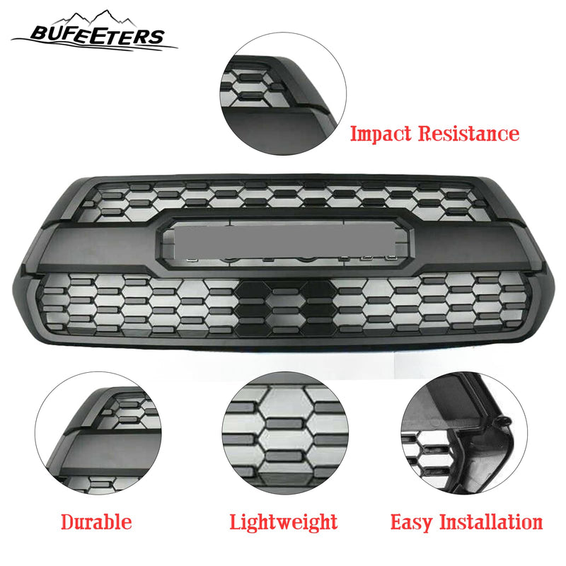 BUFEETERS   Front Bumper Grille With Accessories Fit For 2016 2017 2018 2019 2020 2021 2022 2023 Toyota Tacoma,Mesh Style,Matte Black