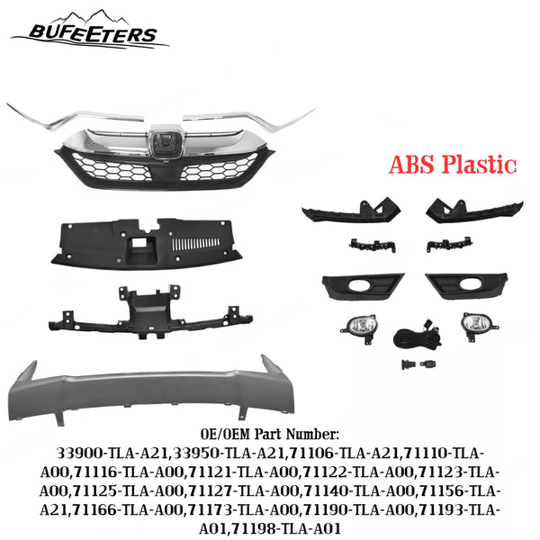 BUFEETERS Front Upper Grille/Trim/Bumper Garnish/Fog Light/Stay Bracket/Radiator Cover Fit For 2017 2018 2019 Honda CRV,Factory Style,Chrome&Black