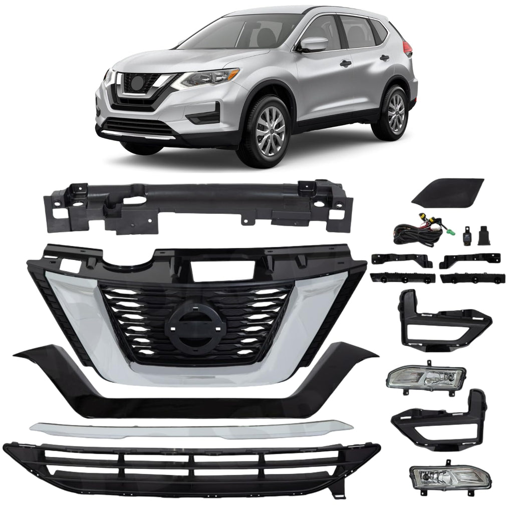 BUFEETERS 14PCS Front Upper Lower Grille Assembly Fog lights Kit Fit For 2017 2018 2019 2020 Nissan Rogue,Factory Style,Chrome&Black