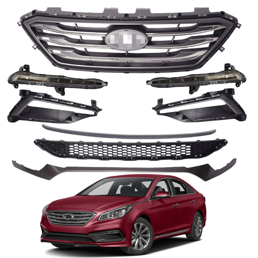 BUFEETERS    8PCS Front Front Grille/Bumper Trim/Fog Lights&Cover Fit For 2015 2016 2017 Hyundai Sonata Sport,Factory Style,Chrome&Black
