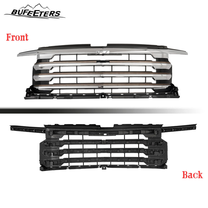 BUFEETERS Front Bumper Upper Grille Fit For 2022 2023 2024 Chevy Silverado 1500 High Country,Chrome&Silver