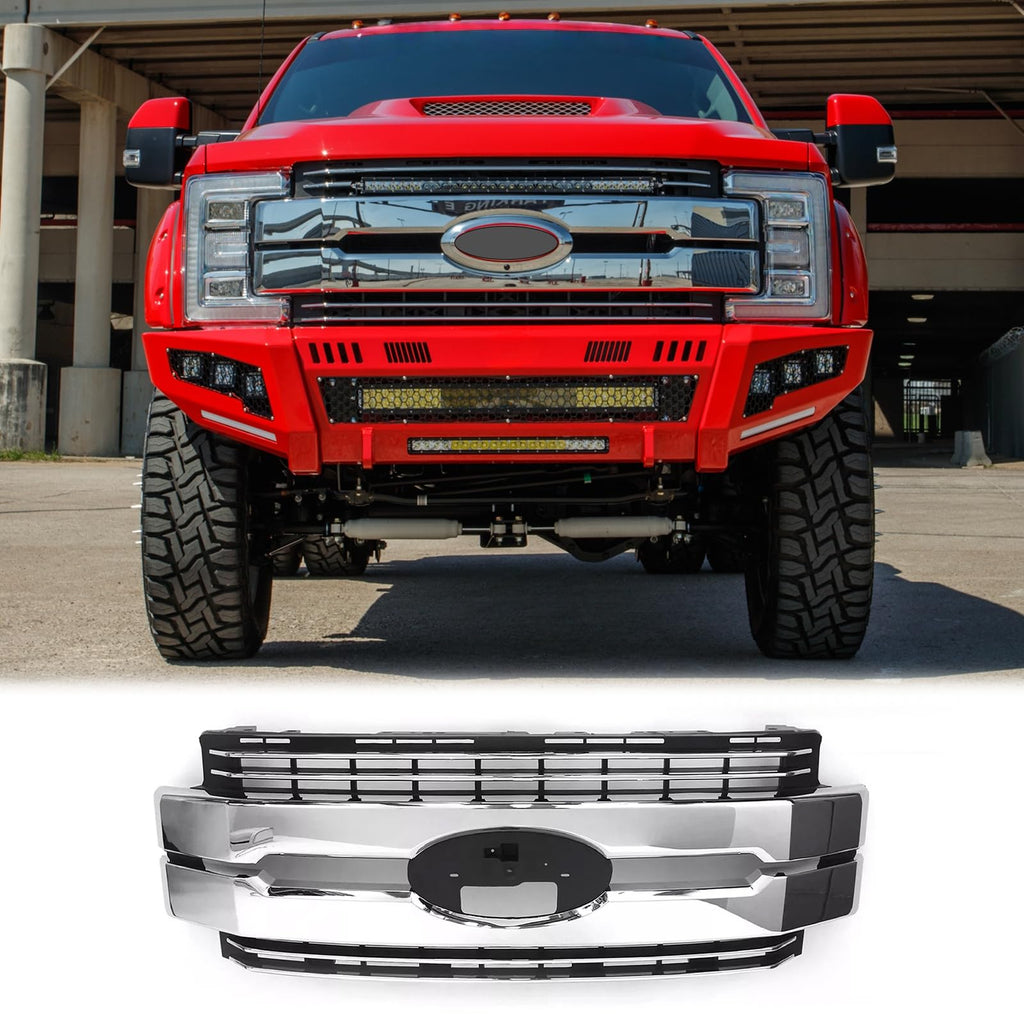 BUFEETERS Front Bumper Upper Grille Fit For 2017 2018 2019 F-250 F-350 F-450 F-550 Super Duty,Lariat Style,Chrome&Black