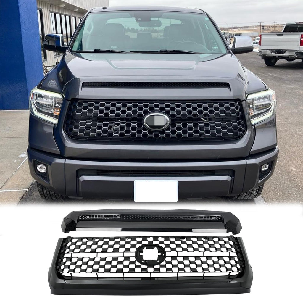 BUFEETERS  Front Bumper Upper Grille Grill & Hood Bulge Fit For 2014 2015 2016 2017 2018 2019 2020 Toyota Tundra,Honeycomb Style,Gloss Black