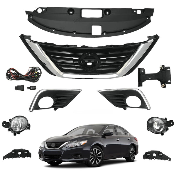 BUFEETERS  9PCS Front Grille Fog Light Kit + Radiator Cover + Bumper Bracket Fit For 2016 2017 2018 Nissan Altima,Mesh Style,Chrome&Black