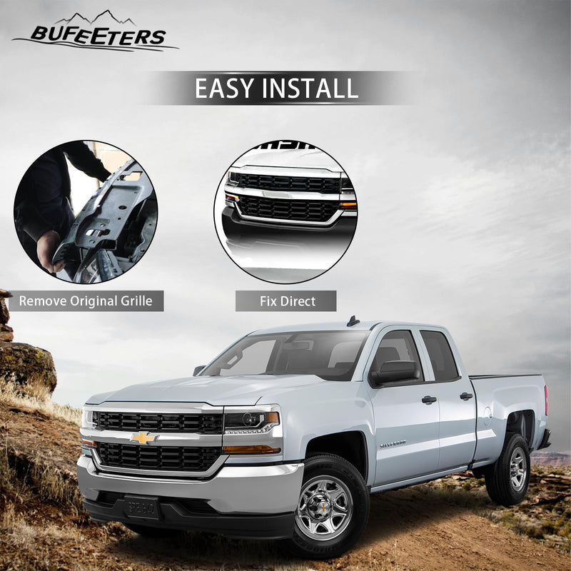 BUFEETERS Front Bumper Upper Grille Fit For 2016 2017 2018 2019 Chevrolet Silverado 1500,Honeycomb Style,Chrome&Black