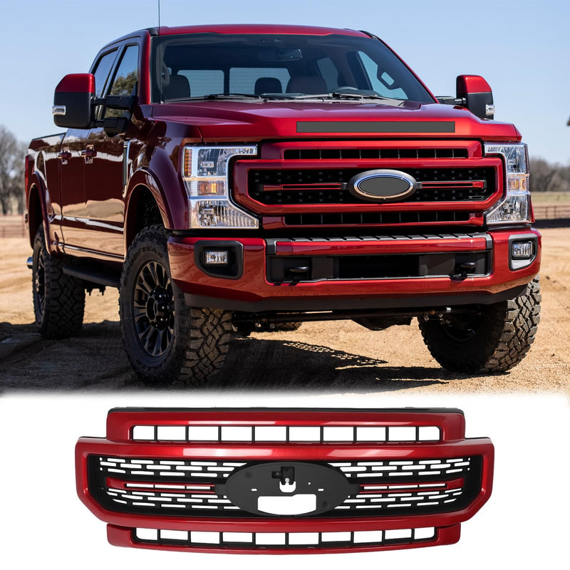 BUFEETERS Front Bumper Upper Grille Fit For 2020 2021 2022 F-250 F-350 F-450 F-550 Super Duty,Lariat Sport Style,D4 Rapid Red&Matte Black