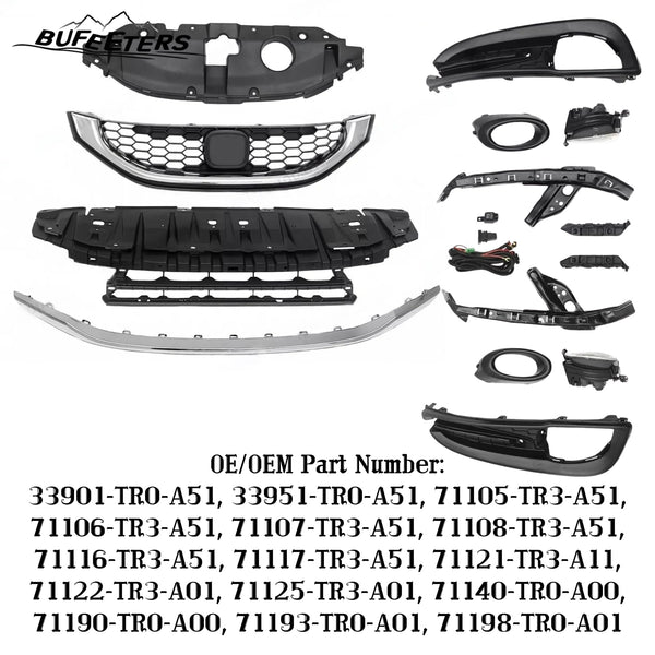 BUFEETERS  14PCS Front Bumper Upper Lower Grille Fog lights Bezel Fit For 2013 2014 2015 Honda Civic Sedan,Honeycomb Style,Chrome&Black