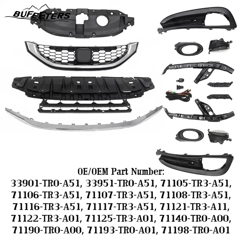 BUFEETERS  14PCS Front Bumper Upper Lower Grille Fog lights Bezel Fit For 2013 2014 2015 Honda Civic Sedan,Honeycomb Style,Chrome&Black