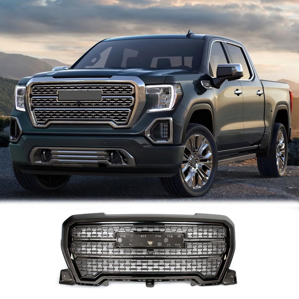 BUFEETERS Front Bumper Upper Grille Fit For 2019 2020 2021 GMC Sierra 1500,Denali Style,Smoked Chrome&Black