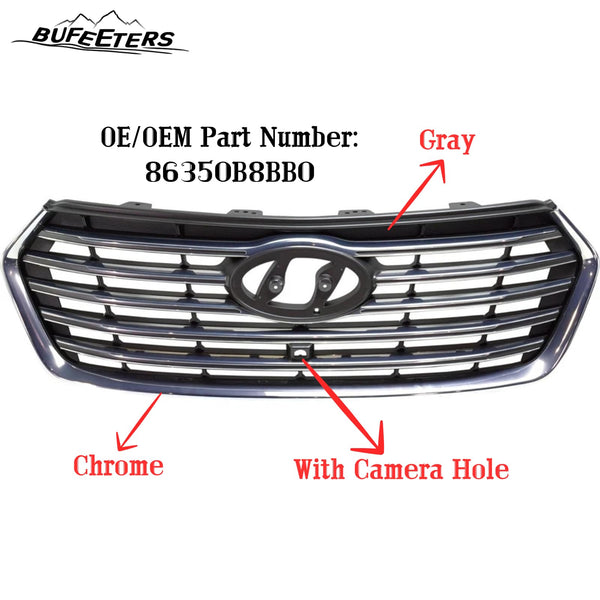 BUFEETERS    Front Bumper Grille With Camera Hole Fit For 2017 2018 2019 Hyundai Santa Fe XL,Horizontal Billet Style,Painted Gray Shell Insert W/Chrome Molding