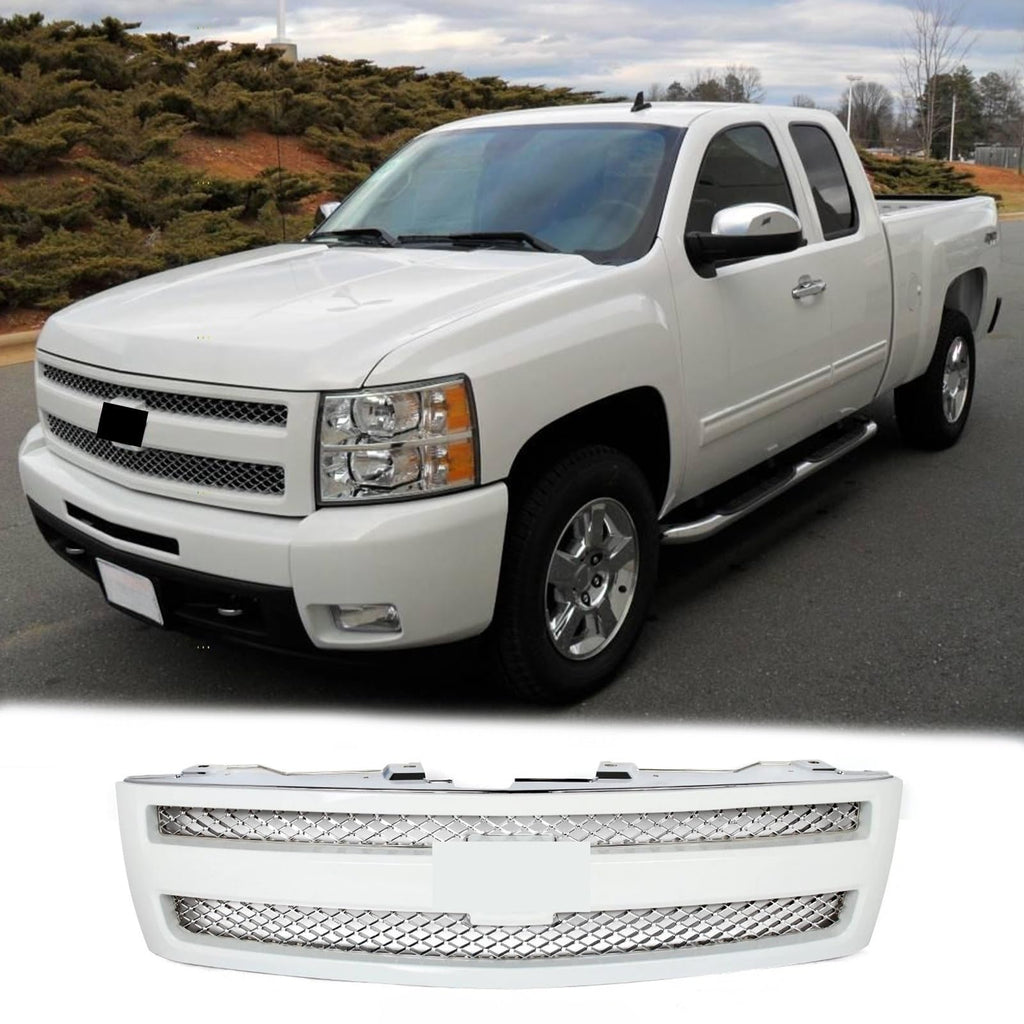BUFEETERS Front Bumper Upper Grille Fit For 2007 2008 2009 2010 2011 2012 2013 Chevy Silverado 1500,Mesh Insert Style,Summit White Shell&Chrome
