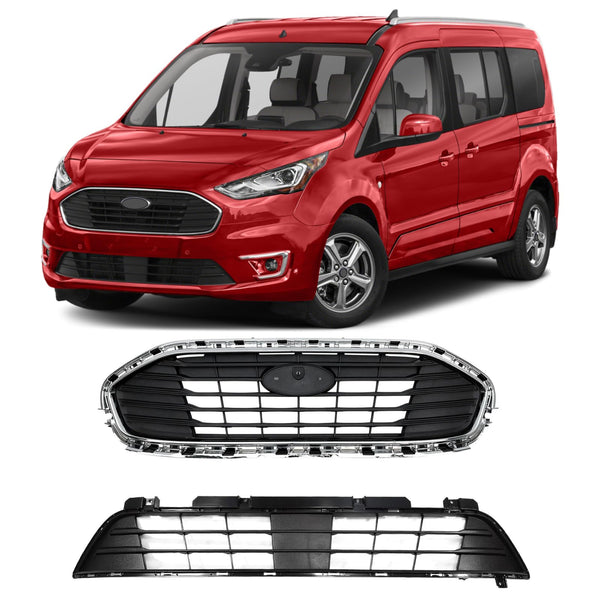 BUFEETERS 2PCS Front Upper W/Chrome Trim Grille+Lower Grille Fit For 2019 2020 2021 2022 2023 Ford Transit Connect,Mesh Style,Chrome&Black