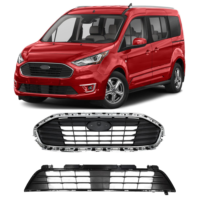 BUFEETERS 2PCS Front Upper W/Chrome Trim Grille+Lower Grille Fit For 2019 2020 2021 2022 2023 Ford Transit Connect,Mesh Style,Chrome&Black