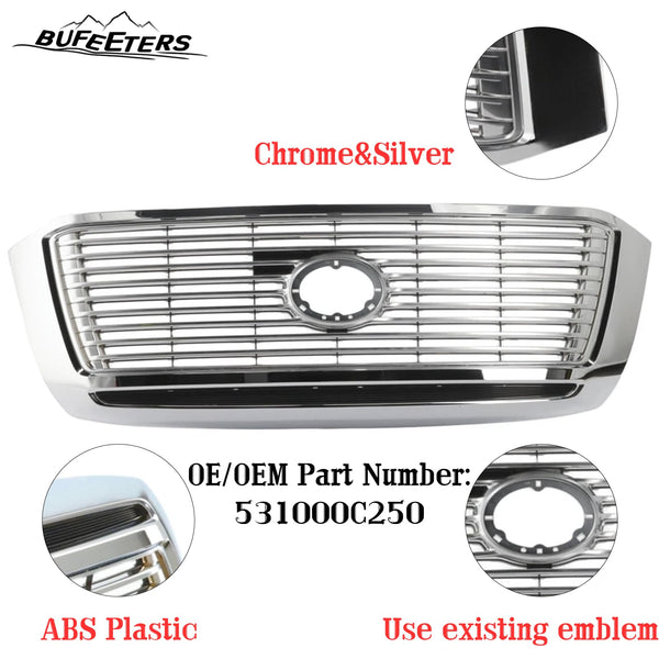 BUFEETERS   Front Bumper Grille Fit For 2010 2011 2012 2013 Toyota Tundra,Factory Style,Chrome Shell With Satin Nickel Insert