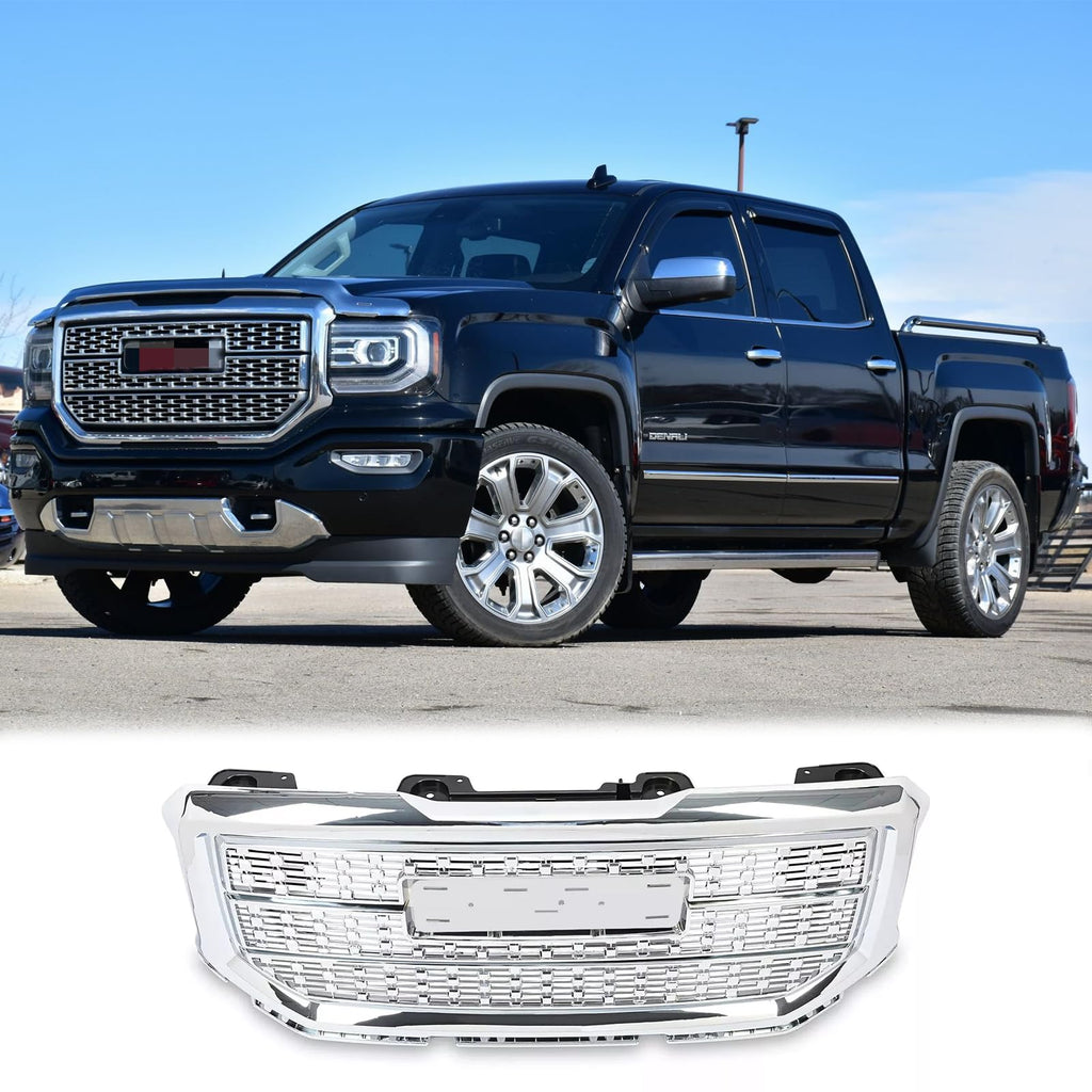 BUFEETERS Front Bumper Upper Chrome Grille Fit For 2016 2017 2018 GMC Sierra 1500,Denali Style,Chrome&Silver