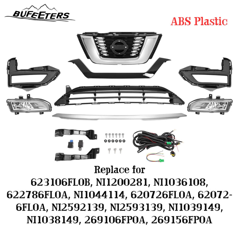 BUFEETERS Front Upper Lower Grille/Grill Trim/Fog Lamp Kit Fit For 2017 2018 2019 2020 Nissan Rogue,Factory Style,Chrome&Black&Silver