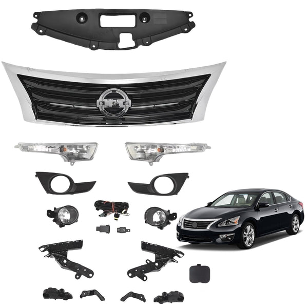 BUFEETERS 15PCS Front Upper Grille Fog Light Signal Lamp Kit/ Brackets Fit For 2013 2014 2015 Nissan Altima,Mesh Style,Chrome&Black