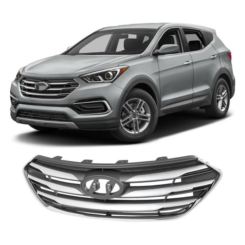 BUFEETERS    Front Bumper Upper Grille Assembly W/o Camera Hole Fit For 2017 2018 Hyundai Santa Fe Sport,Factory Style,Painted Gray Shell and Insert