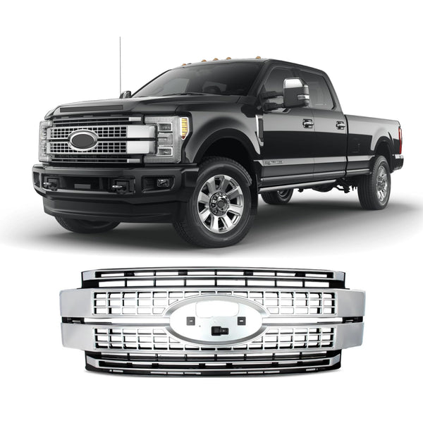 BUFEETERS Front Bumper Upper Grille Fit For 2017 2018 2019 F-250 F-350 F-450 F-550 Super Duty,Platinum Style,Satin Aluminum&Matte Black